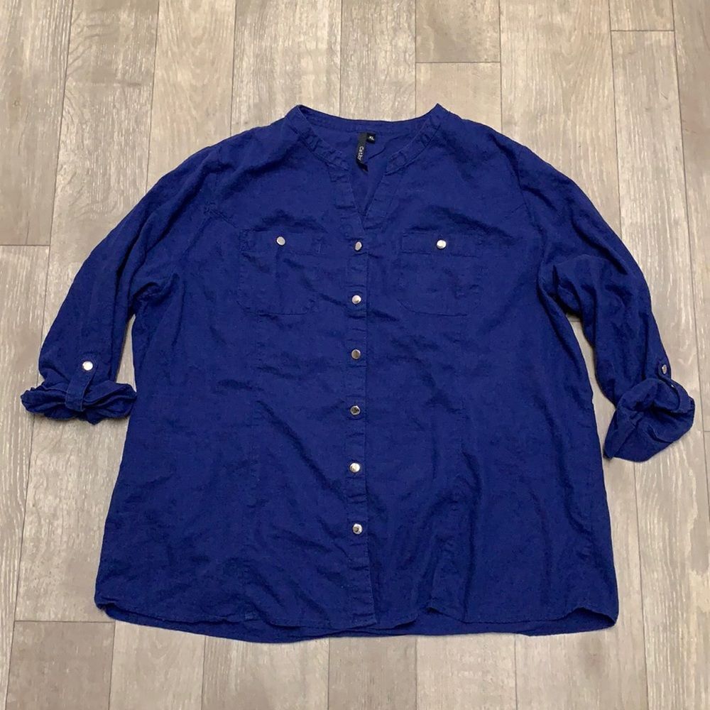 Womens Cathy  Linen Blend‎ 3/4 Sleeves Button Up Shirt